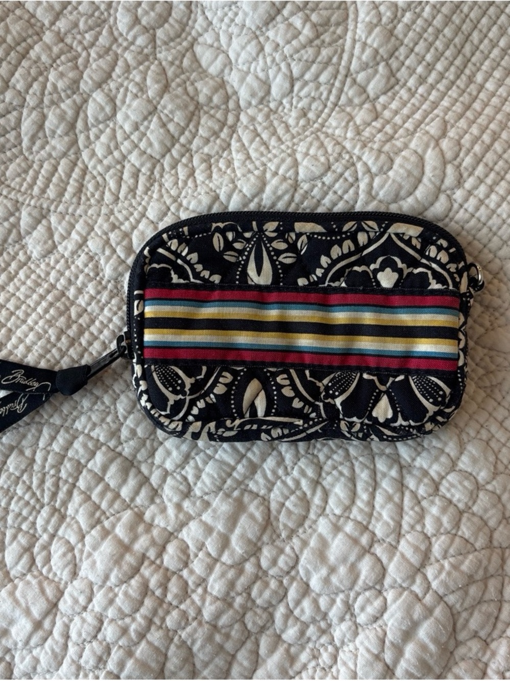 Vera Bradley Black Floral Zip Wristlet with Multicolor Stripe